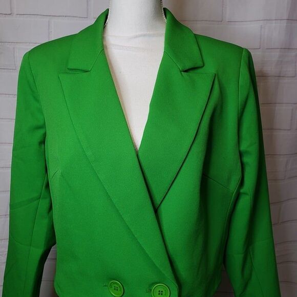 New Bright Green Cropped Double Breasted Blazer Jacket womens L XL Modern Style - Picture 1 of 7